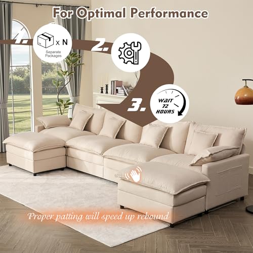 108" U Shaped Couch, Modular Sectional Sofa, 3-Seater Comfy Cloud Couch with Movable Ottoman, Deep Seat Couches for Living Room, Chenille, Black