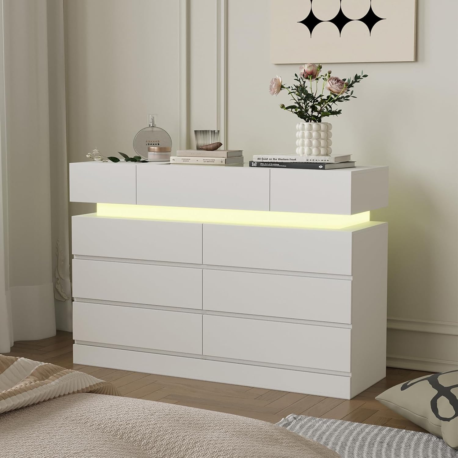 ARTETHYS White Dresser for Bedroom 6 Drawer Dresser Organizer for Closet Clothes Chest of Drawers with LED Lights 47’’ Modern Storage Cabinet with Glass Top for Living Room Entryway Hallway