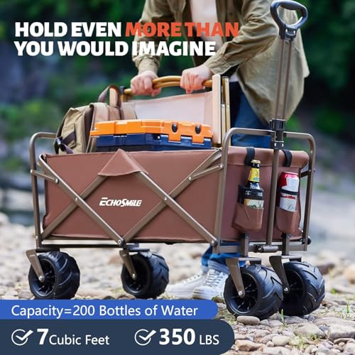 kejector Collapsible Wagon Cart - Heavy Duty Foldable 360-Degree Swivel Wheels Beach Wagon with Side Pockets, Adjustable Handle, Utility 140l Capacity Portable Cart for Camping, Sports, Black