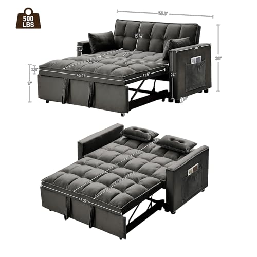 3 in 1 Convertible Sleeper Sofa Couch with Pullout Bed, Adjustable Pull Out Loveseat Sofa with USB Port & Pocket, Modern 2 Seater Chaise Lounge for Living Room, Small Spaces, Black Velvet