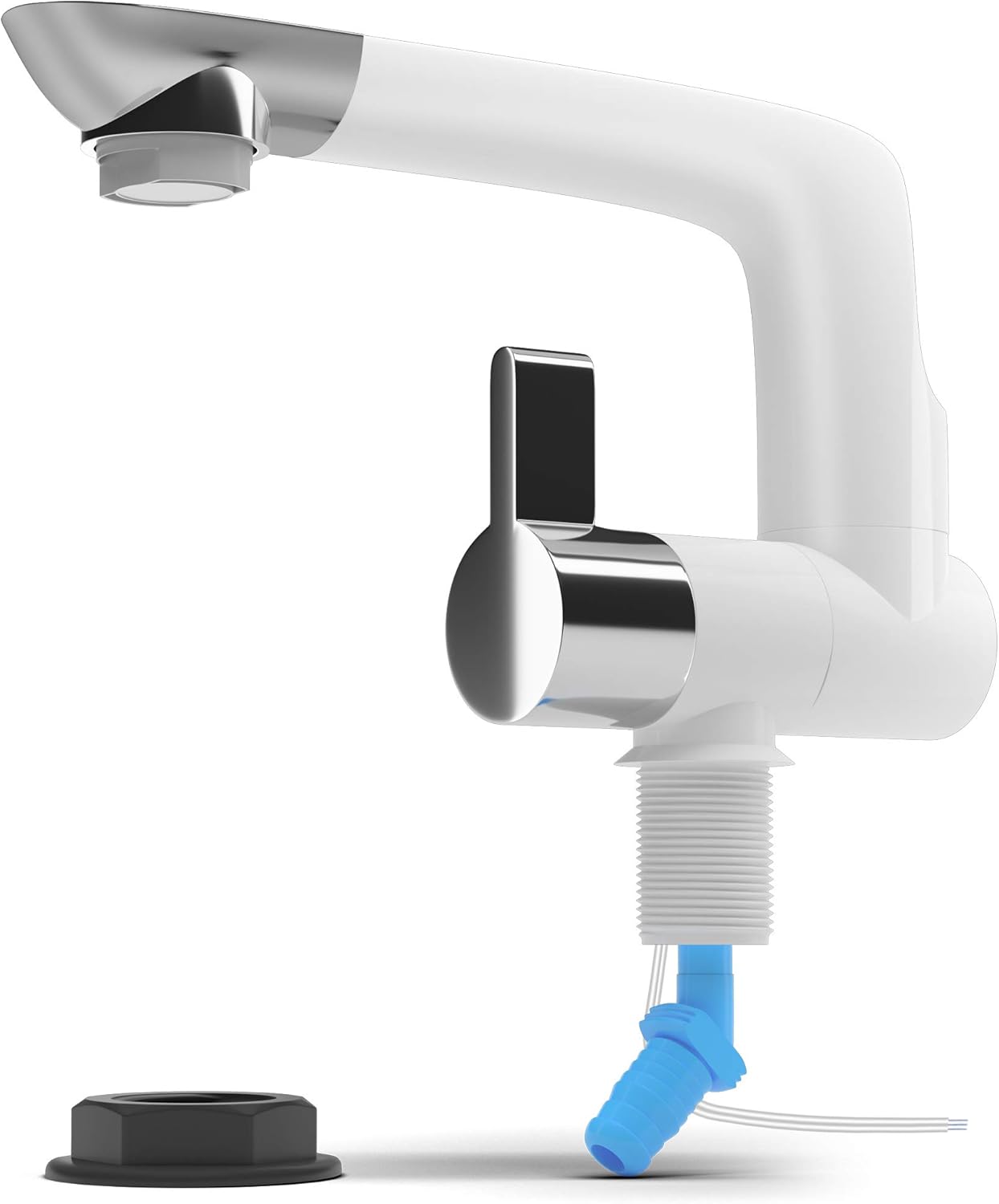 12V Electric Water Faucet Tap with Switch | Ideal for Kitchen Sink and as Pump Connection in RV, Trailer, Campervan or Boat (Up to 1.5 BAR) | Rotatable spout Perfect for Laundry, Outdoor, bar (White)