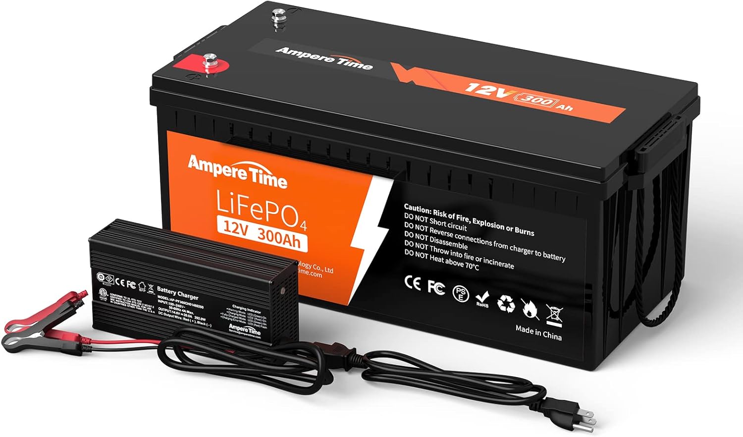 Ampere Time 12V 200Ah LiFePO4 Battery with 14.6V 20A Dedicated Lithium Battery Charger; Built-in 200A BMS, 4000+ Cycles, Perfect for RV, Solar, Marine, Overland, Off-Grid Application��