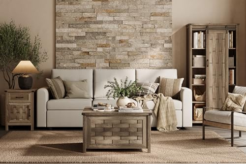 LINSY HOME Farmhouse Coffee Table, 31.5" Square Center Table with Large Hidden Storage, Rustic Cocktail Table with Hinged Lift Top for Living Room, Light Brown