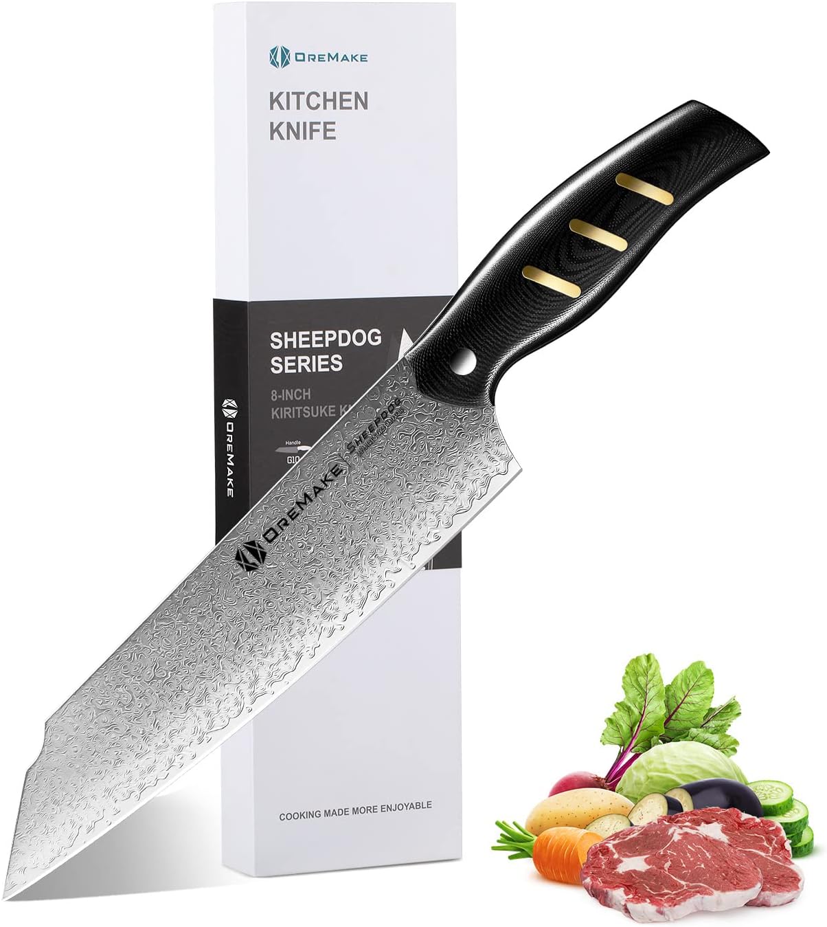 Chef's Knife, OREMAKE 7-INCH NAKIRI Kitchen Knife, Japanese Damascus Steel 69-Layer Forged, With High Carbon Content, With Ergonomic Brass-Accented G10 Handle, Sheepdog Knife Series，Gift For Family.