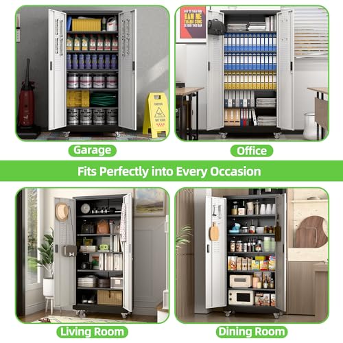 Aobabo 71" H×34" W×18" D Garage Metal Storage Cabinet with Wheels, Locking Steel Storage Cabinet with 5 Shelves and 4 Hooks, for Home Office, School, Assembly Required, Black Silver
