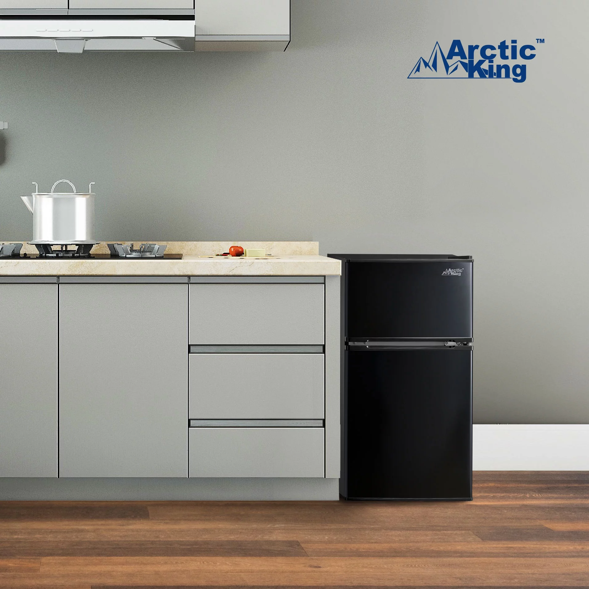 Arctic King 3.2 Cu ft Two Door Mini Fridge with Freezer, Black, E-Star, ARM32D5ABB