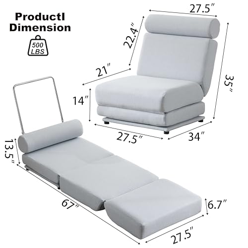 Folding Sofa Bed with Pillow, Foldable Sleeper Sofa Chair Bed, Memory Foam Convertible Floor Couch, Easy to Store, Made of Breathable and Wearable Linen (Light Grey-Blue)
