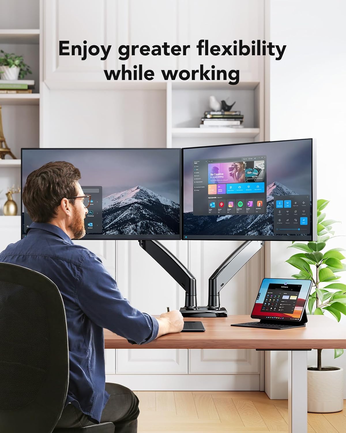 HUANUO Dual Monitor Stand for 13 to 35 inch, Premium Dual Monitor Mount with USB, Height Adjustable Monitor Stand for 2 Monitors, VESA Mount with Clamp/Grommet Base, Each Arm Hold up to 26.4lbs, Black