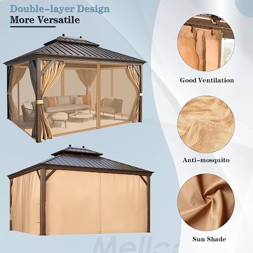 MELLCOM 12'x16' Hardtop Gazebo, Galvanized Steel Metal Double Roof Canopy with Curtains and Netting, Brown Permanent Pavilion Gazebos with Aluminum Frame for Garden, Patio, Lawns, Deck