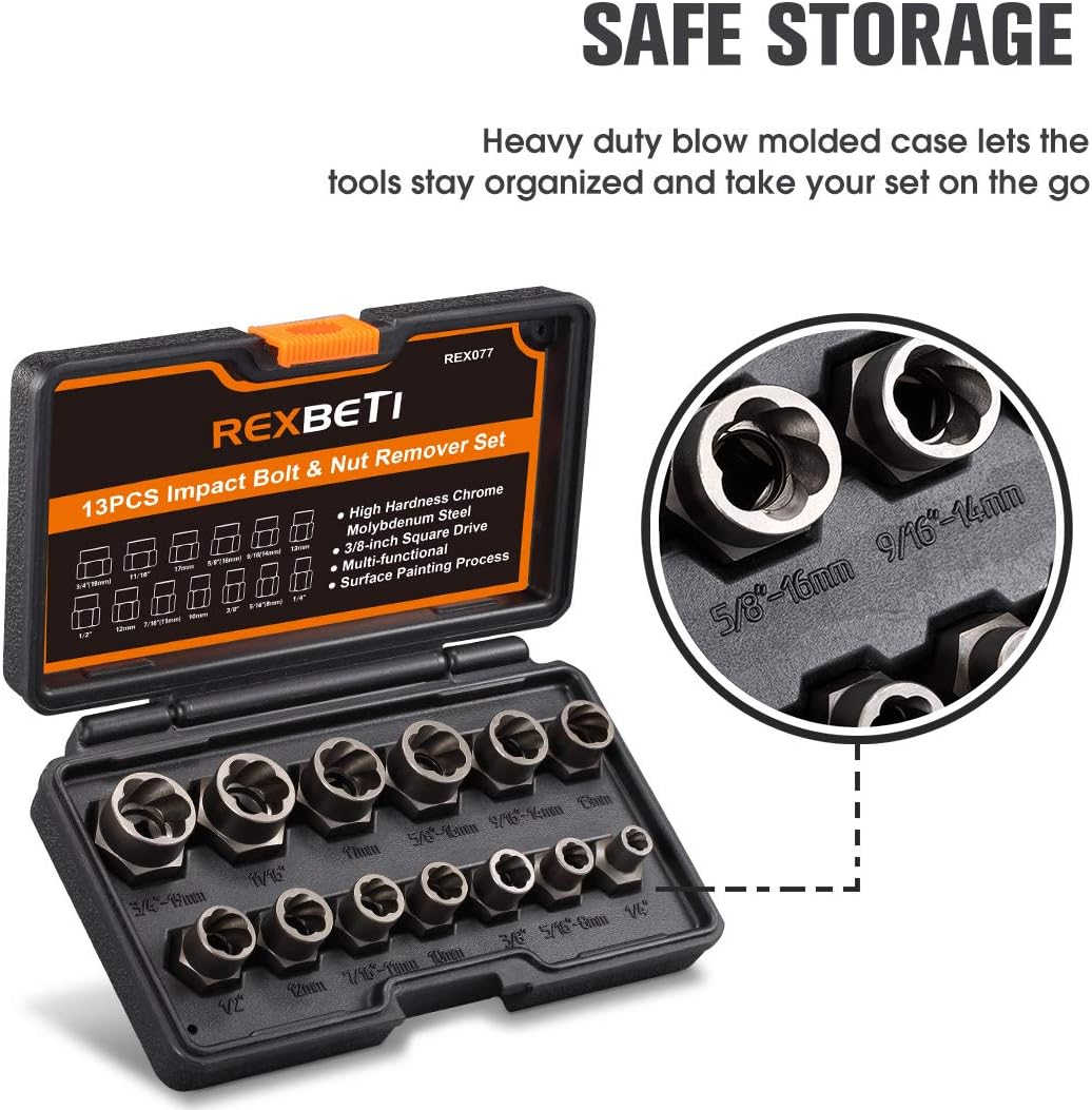 REXBETI Impact Bolt & Nut Remover Set, 13 Pieces Bolt Extractor Tool Set with Solid Storage Case