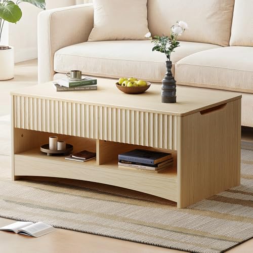 Marsail Lift Top Coffee Table with Open & Hidden Storage, Modern Fluted Coffee Table with Smooth Lift Mechanism, Sturdy Space-Saving Center Table for Home Living Room, Office, Natural Oak