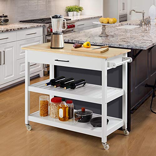 Yaheetech Kitchen Island Cart on Wheels with Bamboo Tabletop, 3-Tier Rolling Kitchen Island Microwave Cart with Drawer, Detachable Towel, 3 Hooks, 17" D x 37.5" W, White
