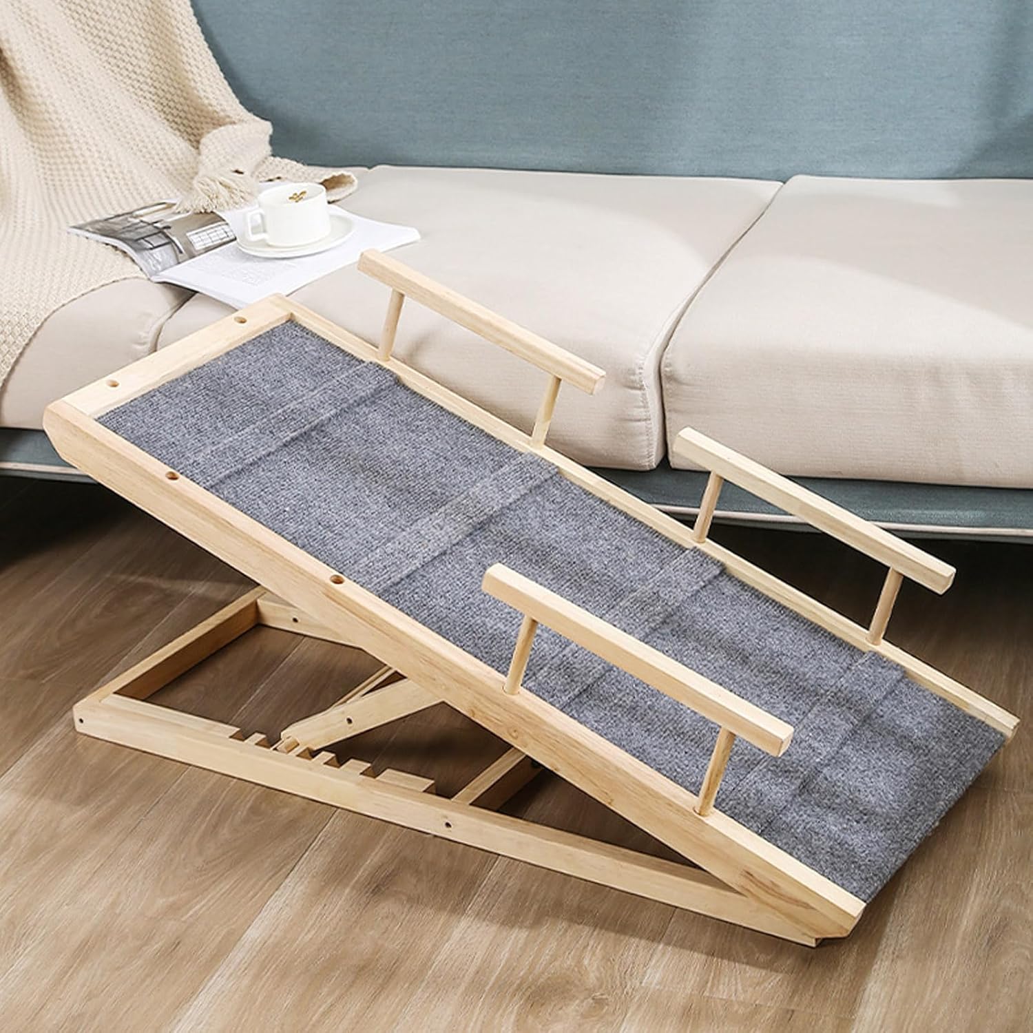 Adjustable Pet Ramp for All Dogs and Cats, Portable Wooden Pet Ramp, Non Slip Folding Dog Ramps with Side Rails for Bed, Couch, Car, SUV
