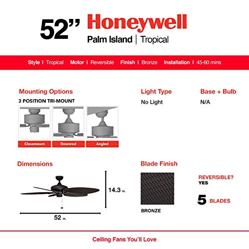 Honeywell Ceiling Fans Palm Lake, 52 Inch Tropical Indoor Outdoor Ceiling Fan with Light, Pull Chain, Three Mounting Options, 5 Palm Leaf Blades, Reversible Motor - 50509-01 (White)