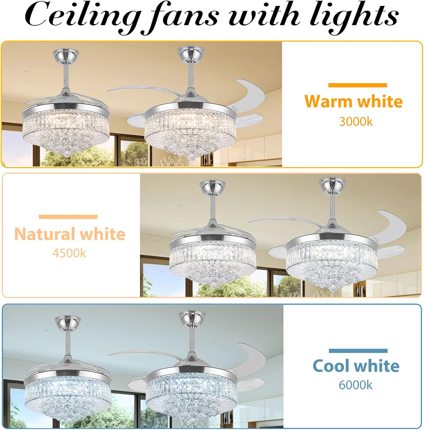 36 Inch Crystal Ceiling Fans with Lights, Modern Dimmable Fandelier LED Remote Control Retractable Invisible Blades Indoor Reversible Ceiling Light Kits with Fans for Decorate Living Room Bedroom