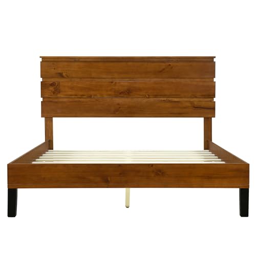 Farmhouse Full Size Bed Frame w/ 45.5" Tall Headboard, Rustic Wood Platform Bed with Wood Slats Support, Noise Free, Mattress Foundation, No Box Spring Needed, Full