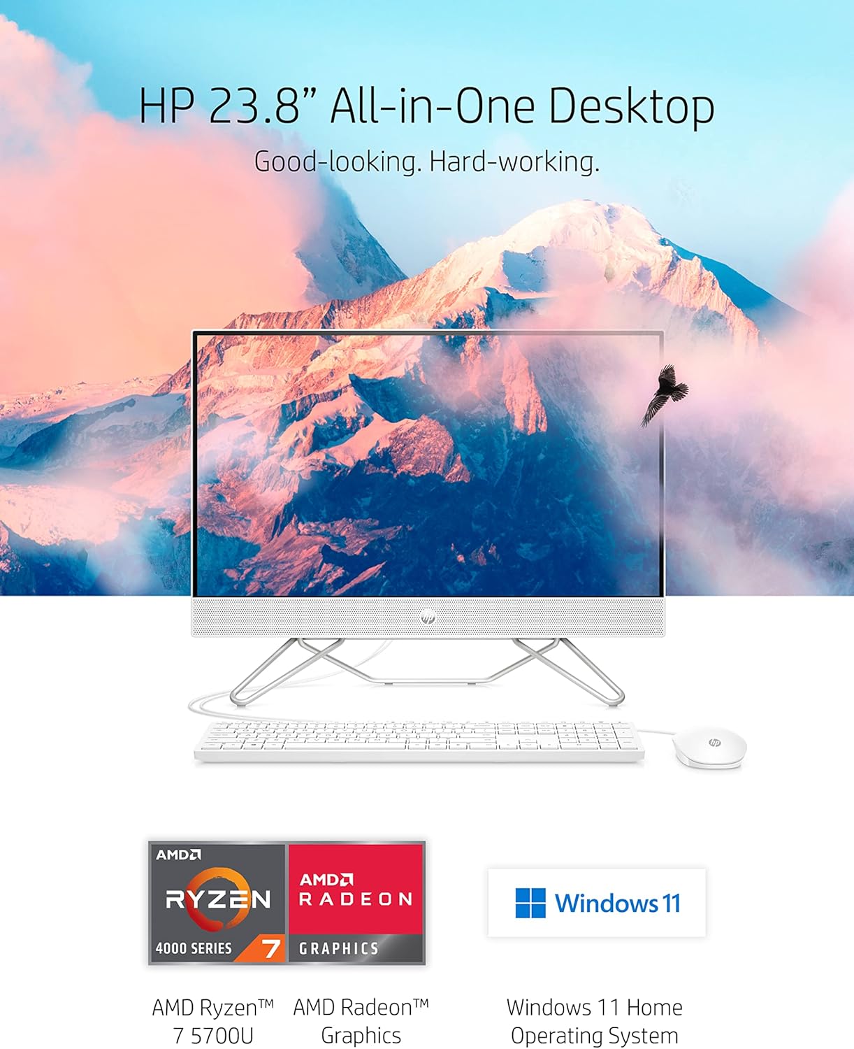 HP 24" All-in-One Desktop, AMD Ryzen 7 5700U, 16 GB, 256 GB SSD & 1 TB Hard Drive, Full HD IPS Touchscreen, Windows 11 Home, 4 USB Ports, Privacy Camera, Dual Mics, Keyboard & Mouse (24-cb0090, 2021)