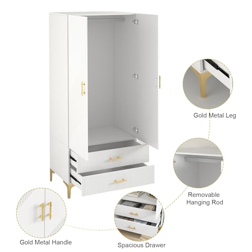 FeLeA Wardrobe Closet for Hanging Clothes, Armoire Portable Closet with Two Drawers & Hanging Rod, 2 Door Freestanding Wardrobe Cabinet for Bedroom,White,(31.5" W x 19.69" D x76.77 H)