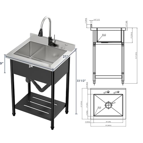 Lordear Stainless Steel Utility Sink 24 Inch - 24"x21" Freestanding Stainless Steel Kitchen Sink Single Bowl Commercial and Residential Use for Laundry Room Garage Outdoor and Kitchen