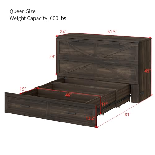 Wooden Murphy Cabinet Bed Frame with Charging Station, Full-Size Foldable Wall Bed with Large Storage Drawer for Home Apartment Limited Living Places, Space-Saving Hidden Bed No Box Spring Needed