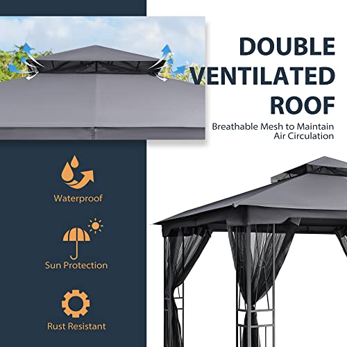 HAPPATIO 10' X 12' Outdoor Patio Gazebo, Outdoor Canopy Gazebo for Garden,Yard,Patio with Ventilation Double Roof with Mosquito Netting,Dark Brown