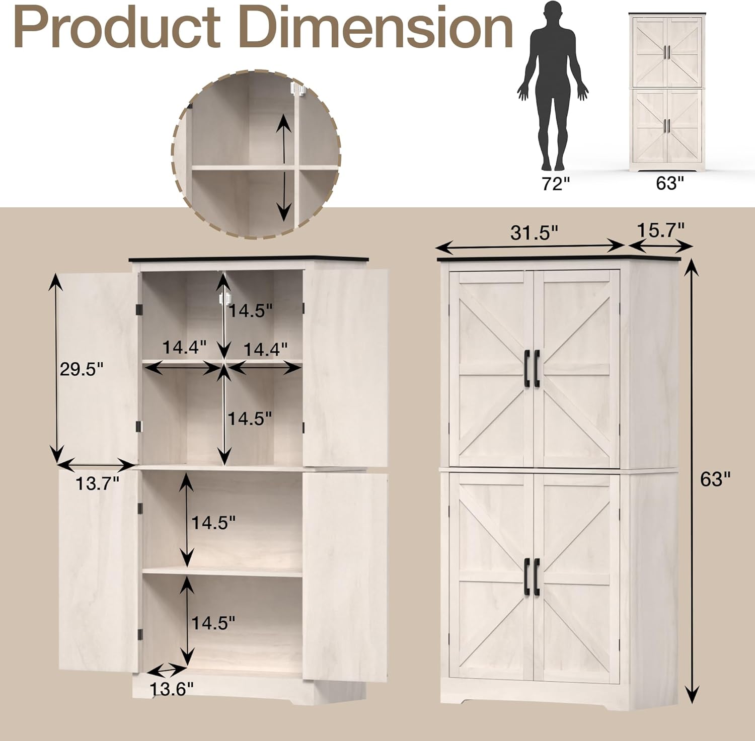 63'' Farmhouse Kitchen Pantry Cabinet, Grey Food Storage Cabinet with 4 Doors and Shelves, Freestanding Pantry Cupboard for Kitchen, Dining Room, Living Room