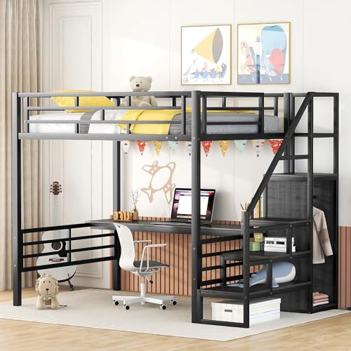 Metal Full Loft Bed with Desk and Wardrobe, Full Size with Storage Stairs and Guard Rail,Bed Frame