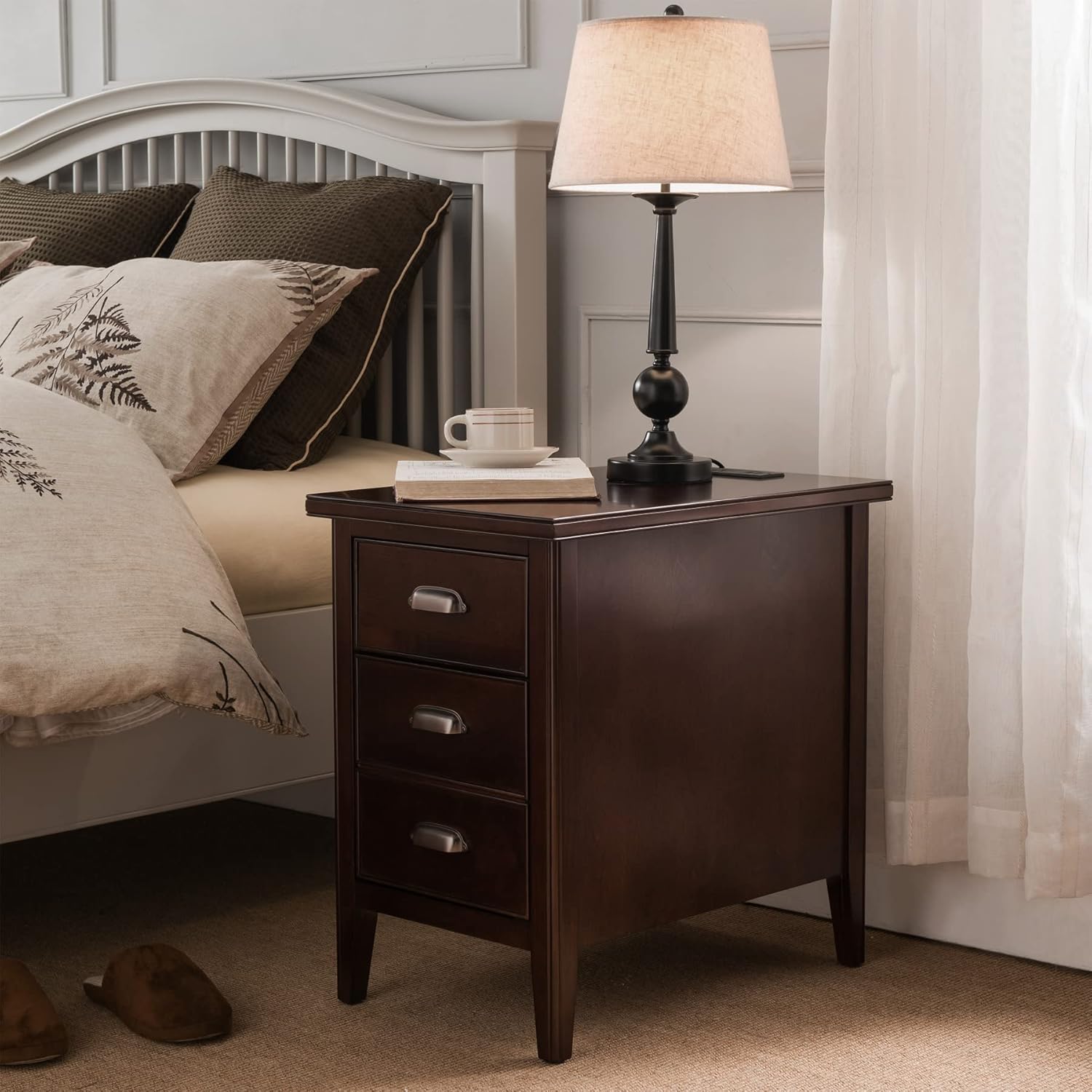 Leick Home 10508 Laurent Cabinet End Table with Top Drawer, Door and 2-plug AC/USB Outlet, Chocolate Cherry