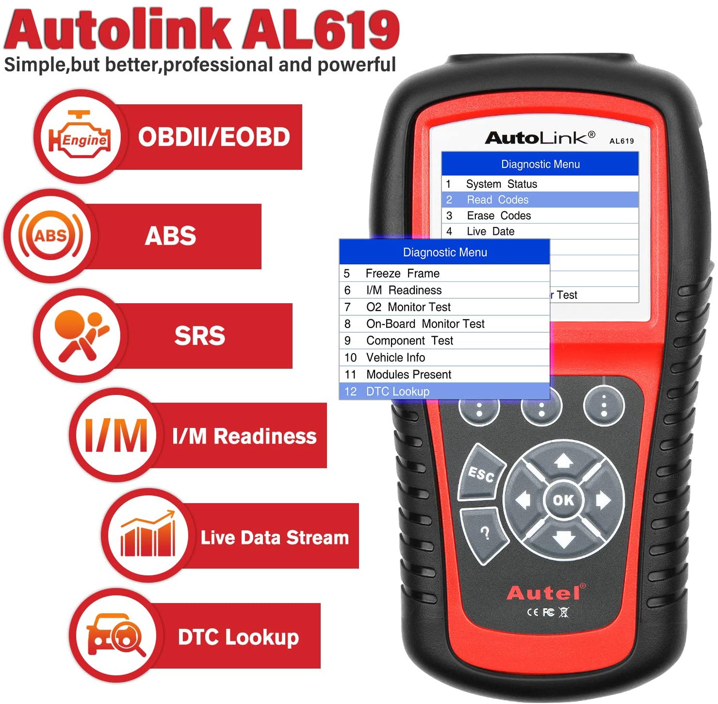 Autel AutoLink AL619 OBD2 Scanner ABS & SRS Airbag Car Diagnostic Scan Tool, Advanced Ver. of AL519, ML519, AL319 Code Reader
