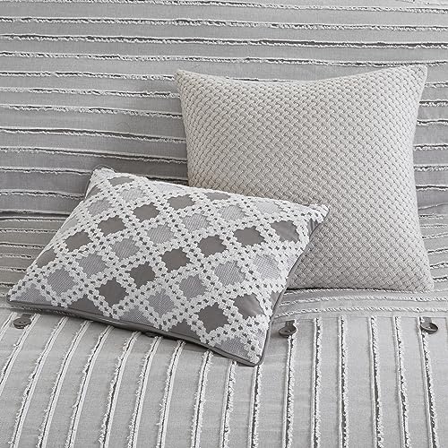 Madison Park King Comforter Set Clipped Jacquard Stripes with Buttons Boho Comforter for a King-Size Bed, Cotton Oversized Comforters with Removable Cover Boho Bedding, King Ivory 9 Piece