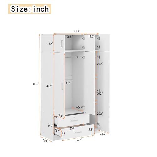 Wardrobe Closet, Wardrobe Closet with Doors, 1 Drawer and Top Cabinet, Modern and Simple Design, Lockable Drawer, Spacious Storage Space, for Bedroom (White,3-Door)