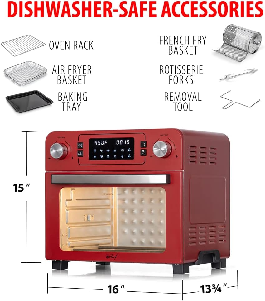 Deco Chef TQAIRRED 24QT Stainless Steel Countertop Toaster Air Fryer Oven Red (Renewed)