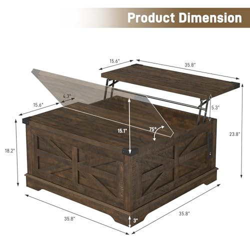 36" Farmhouse Movable Lift Top Coffee Table with Storage and Power Outlets, Square Wood Living Room Tables with Wheels&Large Hidden Space, Lift Wooden Barn Door Center Table, White
