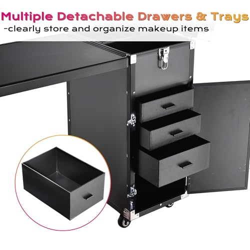 BYOOTIQUE Rolling Manicure Table Foldable Nail Table Makeup Train Case Tattoo Station Portable Nail Desk Workstation with 4 Drawers Mirror for Salon Travel, Black