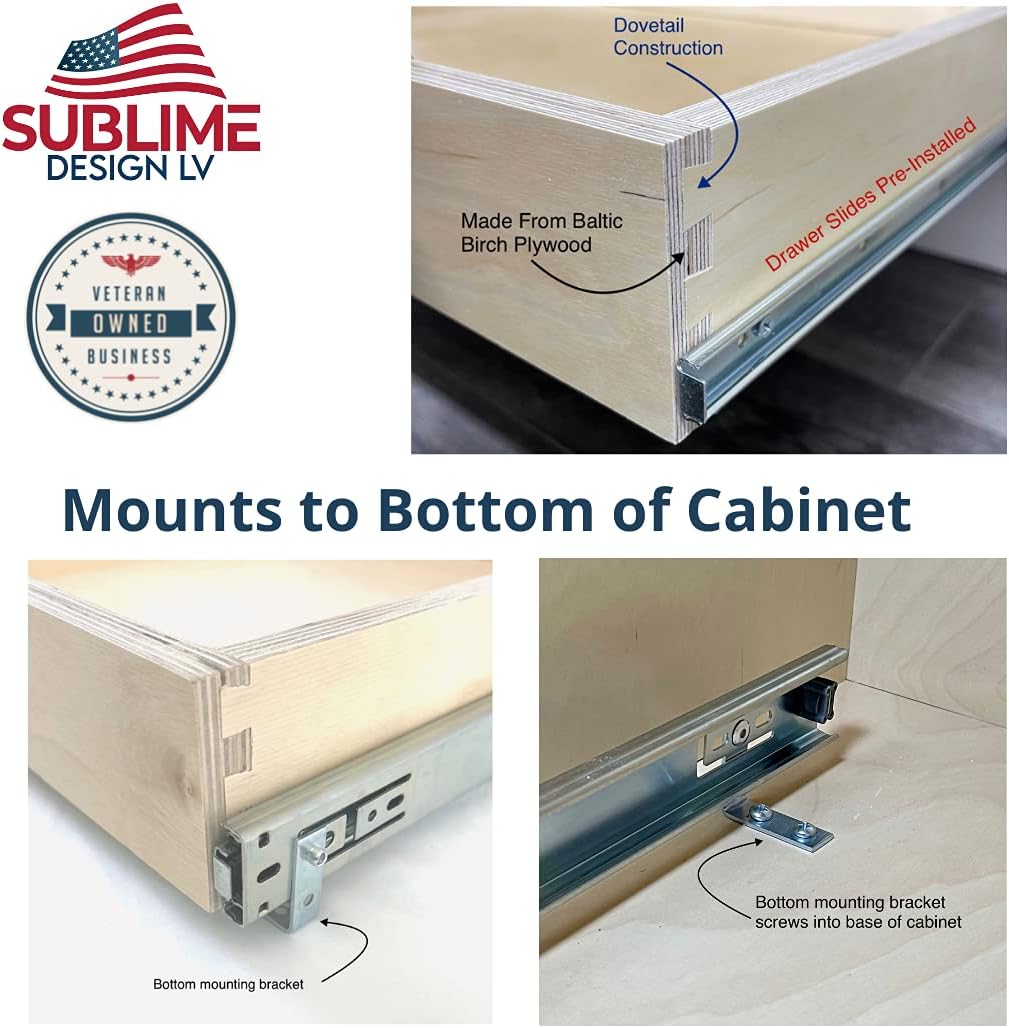 Sublime Design | Bottom Mount | Pull Out Tray | Baltic Birch Drawer for Kitchen Cabinets | Slide Out Shelves | Roll Out Cabinet Organizer (17 Wide)