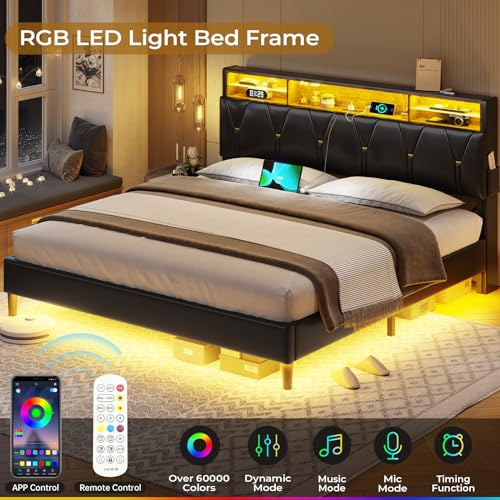 Full Size Bed Frame with Headboard Storage & LED Lights, Platform Bed Frame Full Size with Charging Station, Velvet Upholstered Bed with Shelf Headboard, No Box Spring Needed, Creamy White