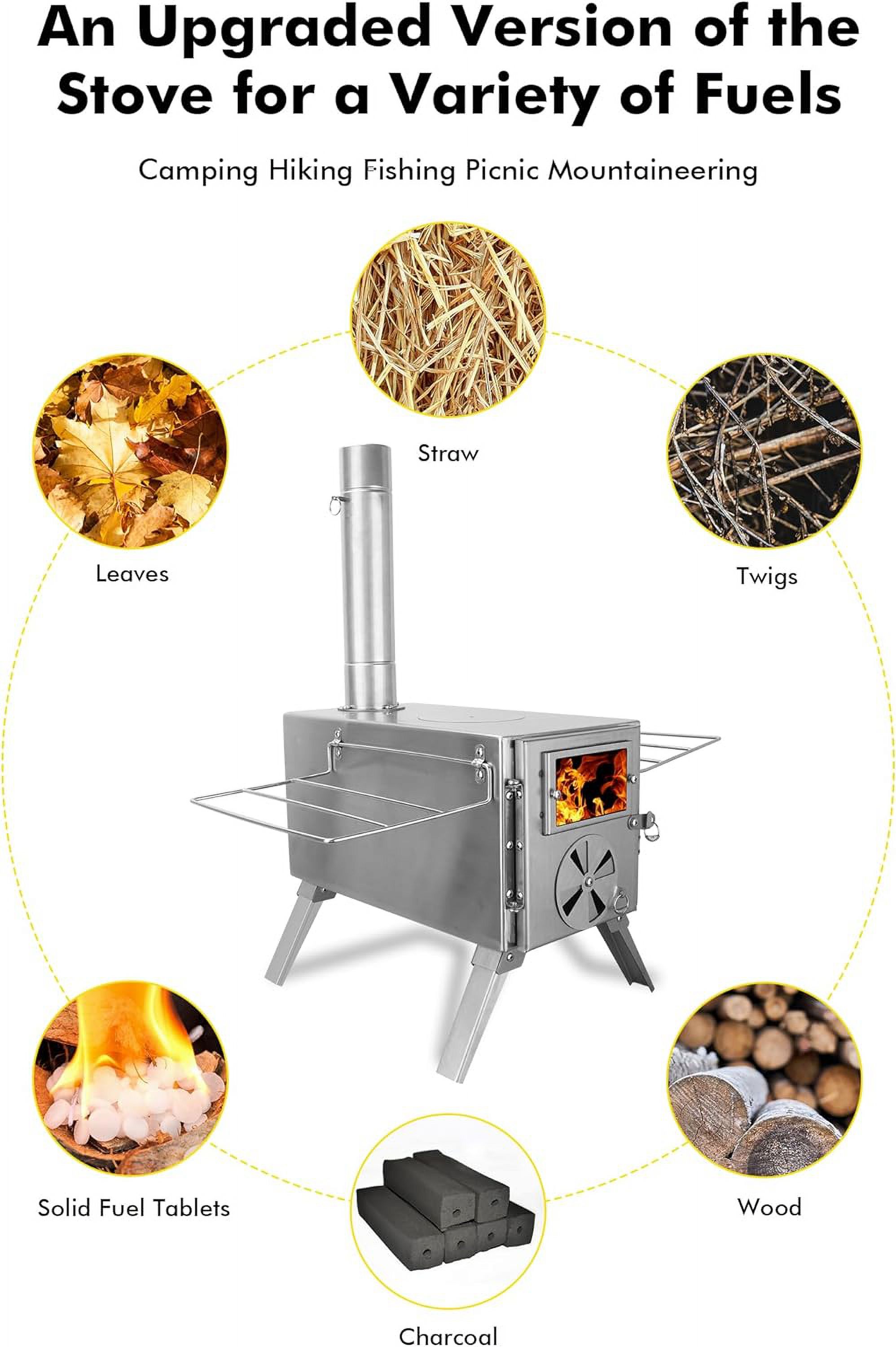 Camping Stove for Hot Tents, QCAI 304 Stainless Steel Wood Burning Stove with Stainless Wall Chimney Pipes for Tents, Shelter, Outdoor Portable Stove for Camping Heating and Cooking