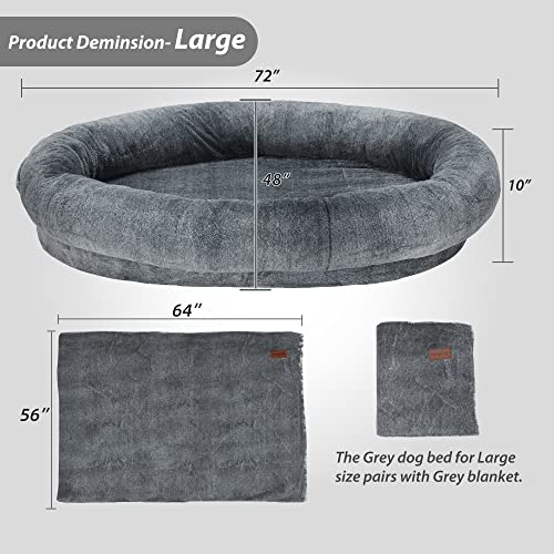 Homguava Large Human Dog Bed 72"x48"x10" Human-Sized Big Dog Bed for Adults&Pets Giant Beanbag Bed with Washable Fur Cover,Blanket and Strap (Large, Black)
