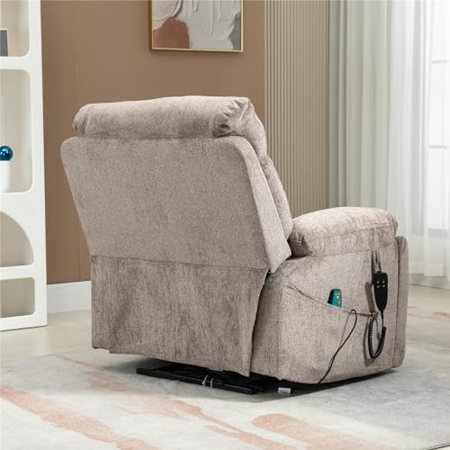 Light Grey Recliner Chair for Elderly | Tall and Big Man 400lbs | Chenille | Power Lift, Lay Flat, Stand Up, Wireless Charging Device, Extended Footrest, Massage Heat, Cup Holder, Lumbar Pillow
