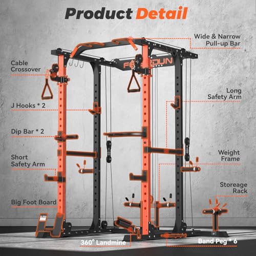 FEIERDUN Multi-Function Squat Rack Power Cage FLA01,2000LBS Capacity Power Rack with Adjustable Cable Crossover System and Additional Attachments, Ideal Weight Cage for Home Gym & Garage Workouts