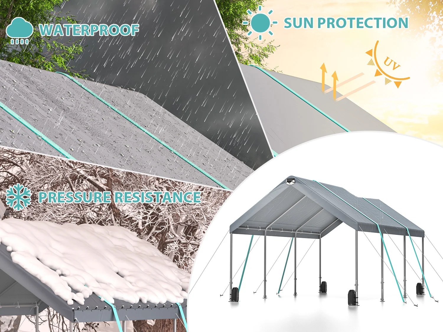 10X20FT Heavy Duty Carport Canopy,Extra Large Portable Car Tent Garage with Roll-up Windows and All-Season Tarp Cover,Metal Roof &Side Walls for Car, SUV,Boats&Truck Shelter Logic Storage Gray