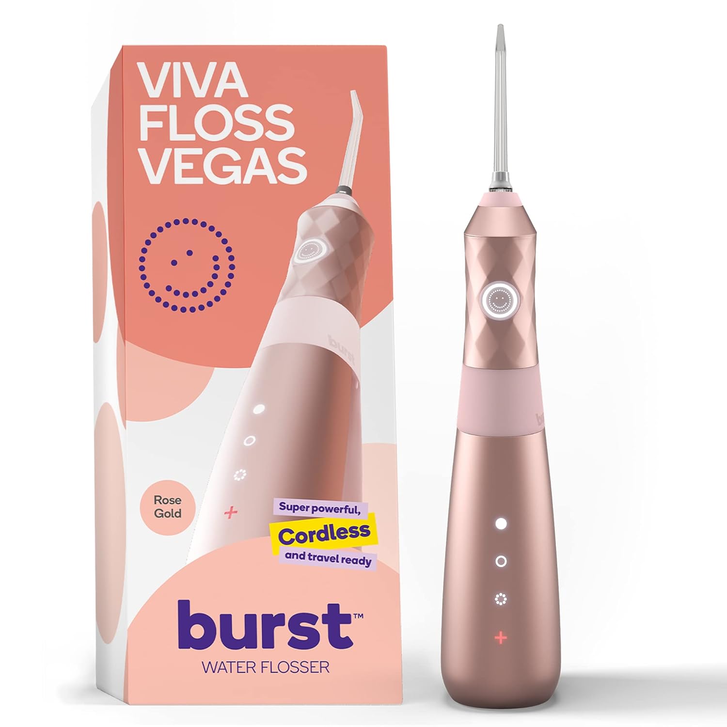 Water Flosser for Teeth, Gums & Braces Care, by BURST, Water Resistant, Cordless & Travel Ready, Deep Clean, Fresh Breath & Healthier Smile, Refillable 110mL, 3 Modes, Rose Gold Pack of 2