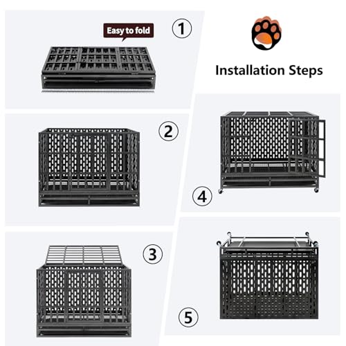 48/42 Inch Heavy Duty Indestructible Dog Crate Steel Escape Proof, Indoor Double Door High Anxiety Cage, Kennel with Wheels, Removable Tray, Extra Large XL XXL
