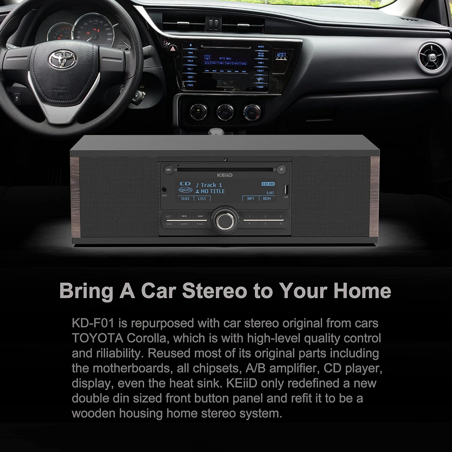 KEiiD Retro CD Players for Home with Speakers Wooden Stereo System Booombox with Bluetooth Receiver FM/AM Radio Tuner USB AUX, Bass/Treble Adjustable