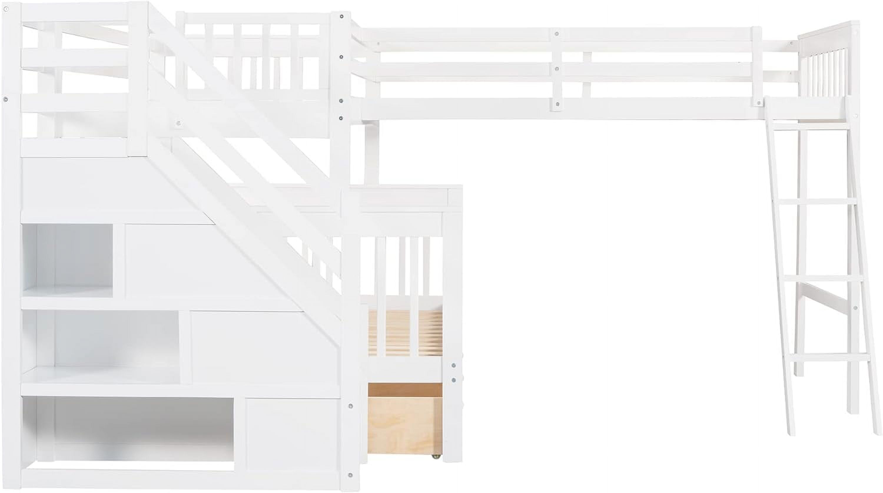 L Shaped Bunk Beds For 3, Triple Bunk Bed With Stairs And 3 Storage Drawers, Over Full Bunk Bed With Size Loft Bed Attached, Wooden Bunk Bed Frame For Kids Teens Adults (White)
