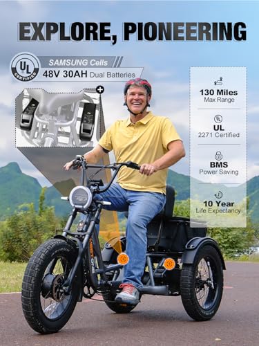 Folding Electric Tricycle for Adults, 1200W Electric Trike, 22MPH 100Miles 3 Wheel Electric Bike, Reverse Gear, Rear Differential, 450lbs Load, F&R Baskets, 4'' Wide Fat Tire, UL Certified