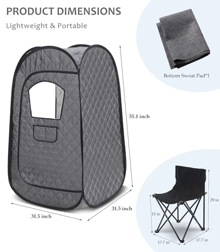 Portable Steam Sauna Tent with 4L 1500W Steamer, Foldable Chair, Home Sauna Spa Tent for Detox Relaxation, One Person Full Body Pop Up Personal Sauna Box Steam Room, Black