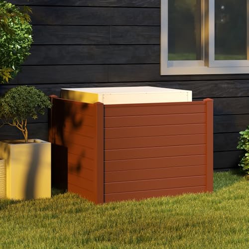 Happygrill Air Conditioner Fence, 2-Panel Trash Can Enclosure w/Stakes, 48”L x 37.5”H Pool Equipment Fence Screen, Freestanding Outdoor Privacy Fence Panel Kit for Lawn, Garden & Patio, Brown