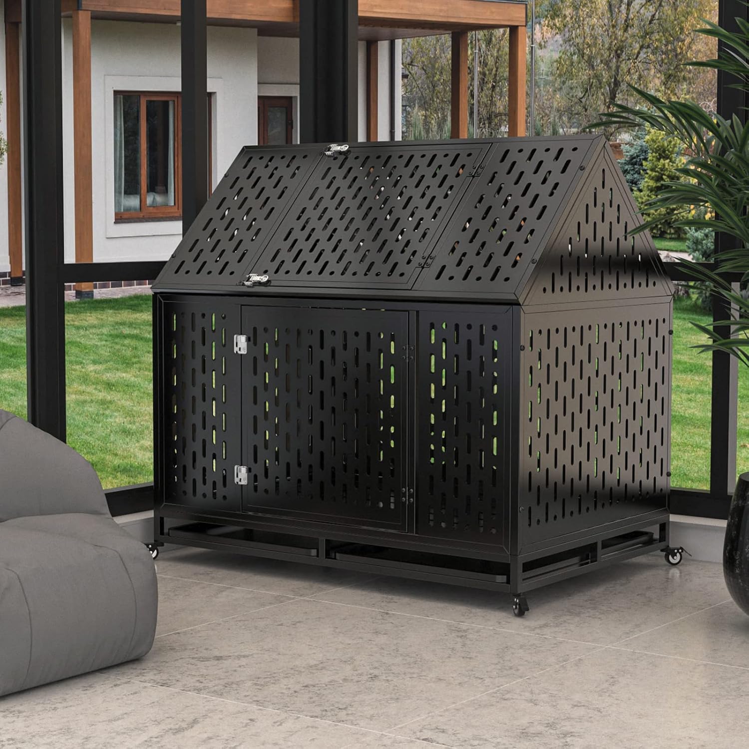 45 inch Heavy Duty Dog Crate with Locking Latch, Large Kennel with Pointed Roof, Indestructible and Escape-Proof Pet Cage for High Anxiety Dogs, XL Dog Crate