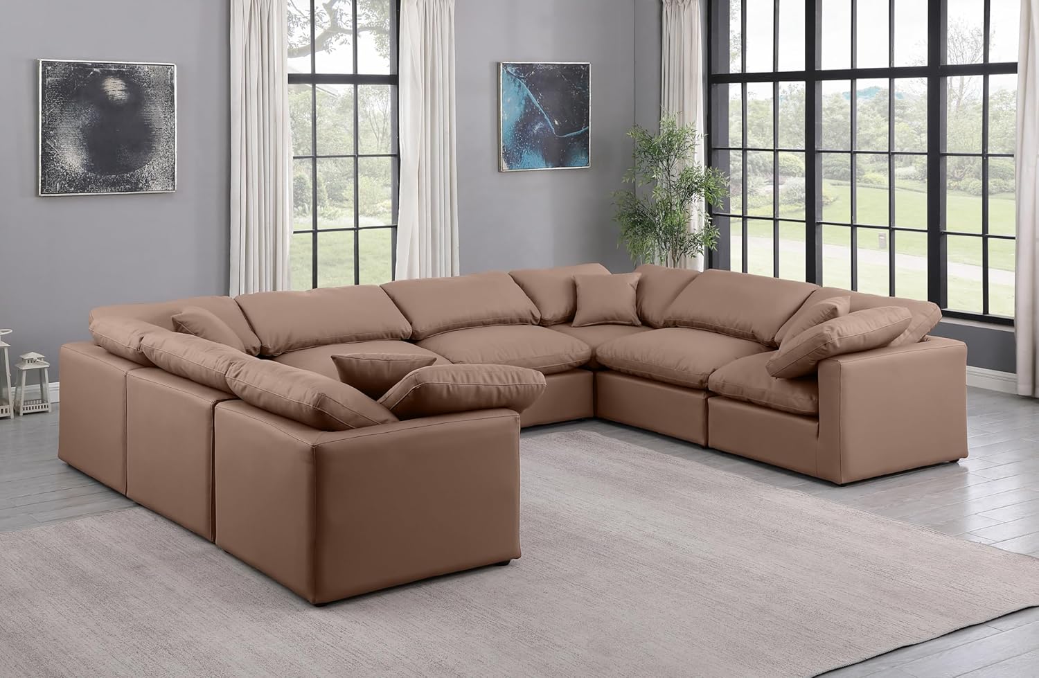 Meridian Furniture Indulge Collection Modern | Contemporary Sectional with Soft Durable Vegan Leather, Fiber-Filled Cushions, Modular, 140" W x 105" D x 32" H, Brown
